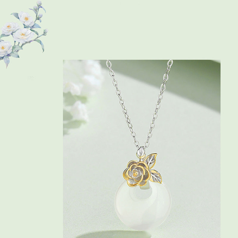 Fortune Jewel 925 Sterling Silver Round Chalcedony Twelve Months Flower Harmony Necklace Pendant