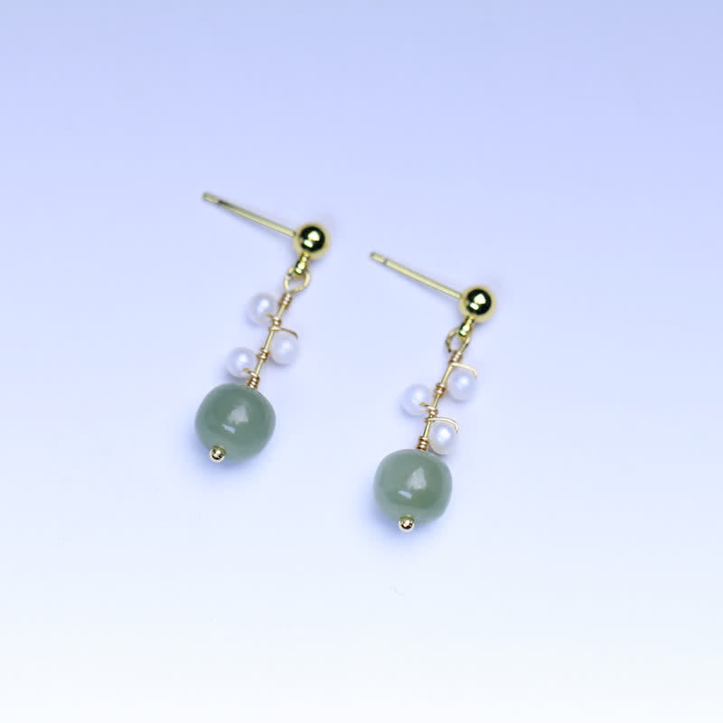 Fortune Jewel Hetian Jade Flower Pattern 14K Gold Plated Luck Drop Dangle Earrings