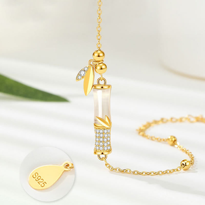 Fortune Jewel 925 Sterling Silver 18K Gold Plated White Jade Bamboo Zircon Leaf Luck Bracelet