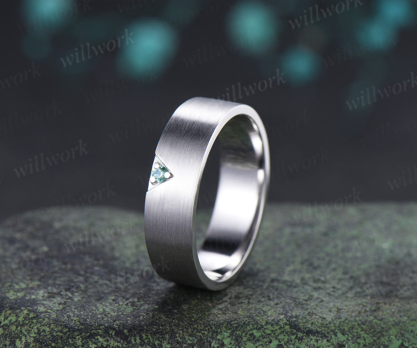 Solitaire Green Sapphire Men Wedding Ring Brushed Finish Geometric Band Minimalist Sapphire Ring for Him