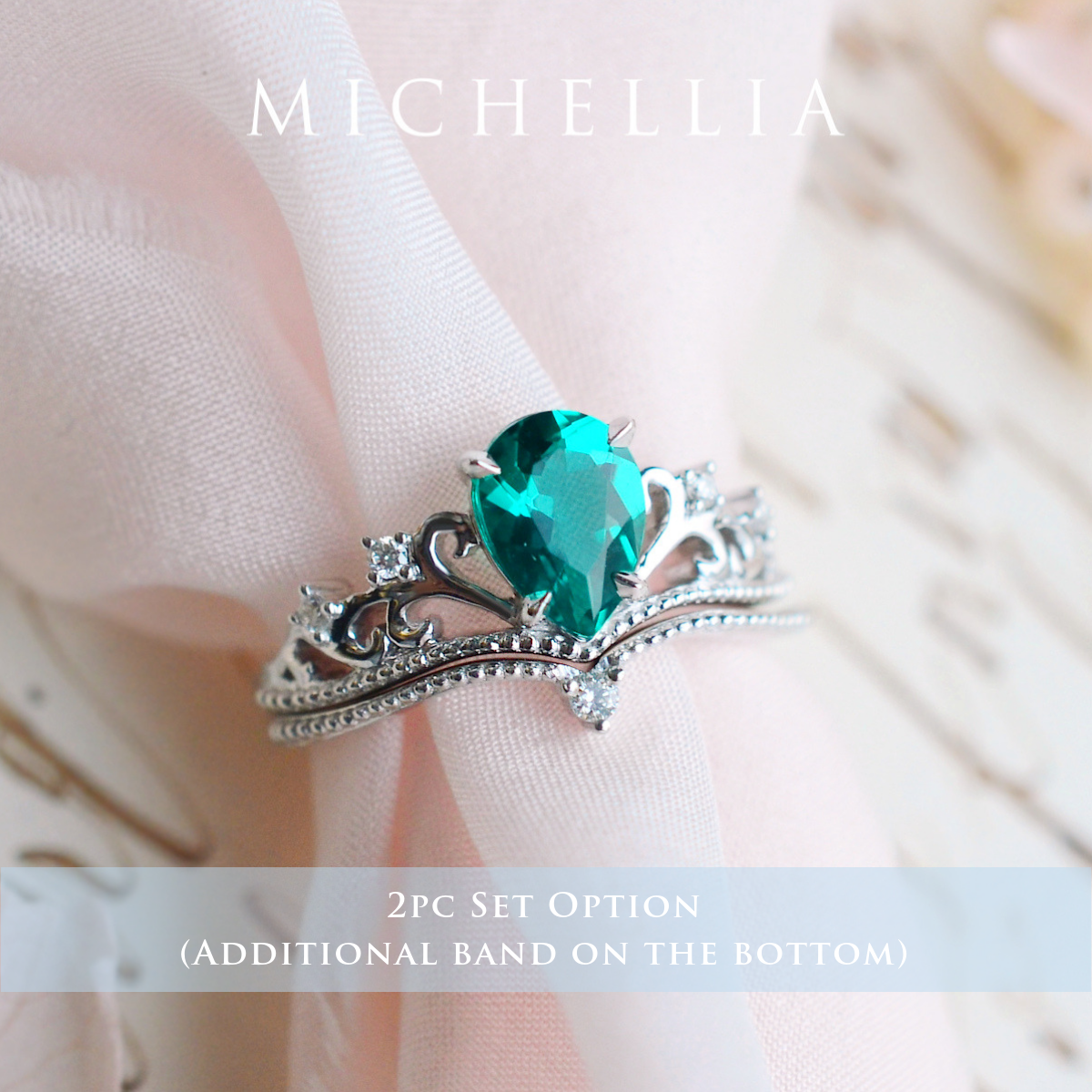 [Veronica] Vintage Crown Pear Engagement  Ring in Emerald