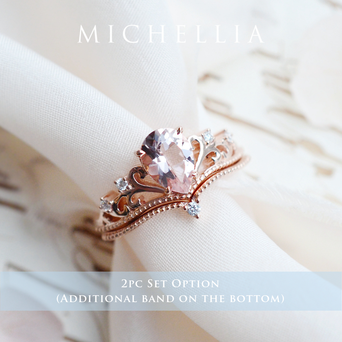 [Veronica] Vintage Crown Pear Engagement Ring in Morganite