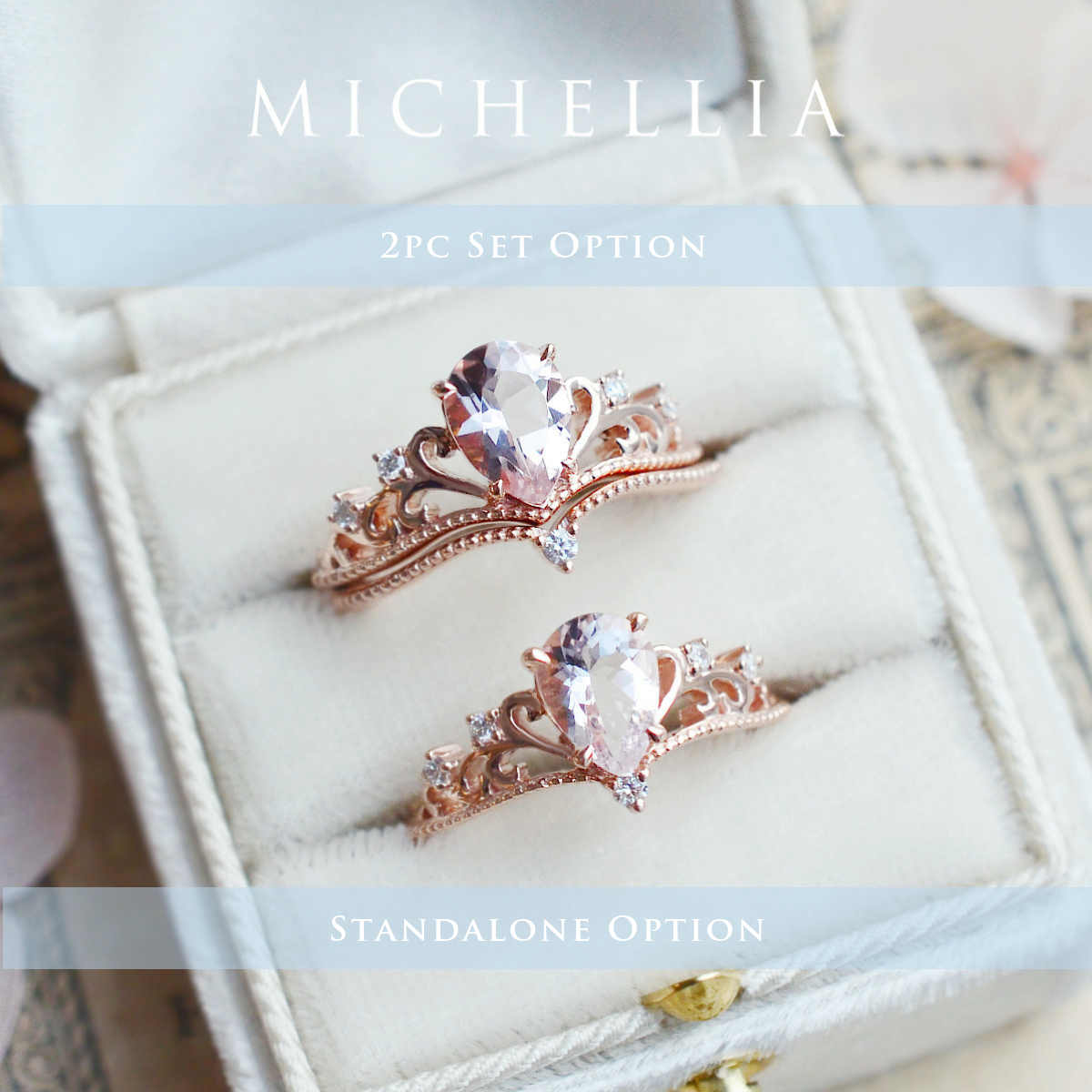 [Veronica] Vintage Crown Pear Engagement Ring in Morganite