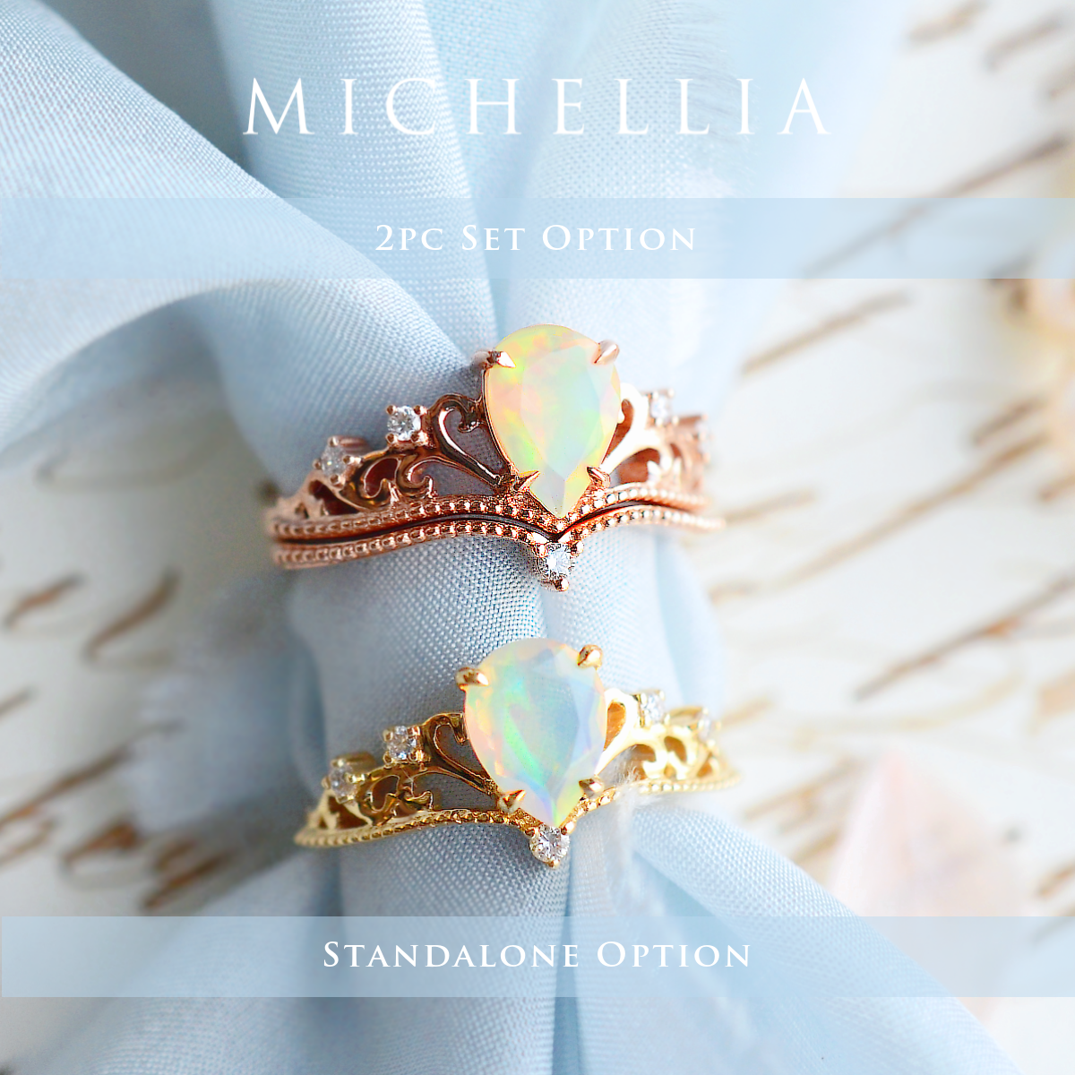[Veronica] Vintage Crown Pear Engagement Ring in Opal