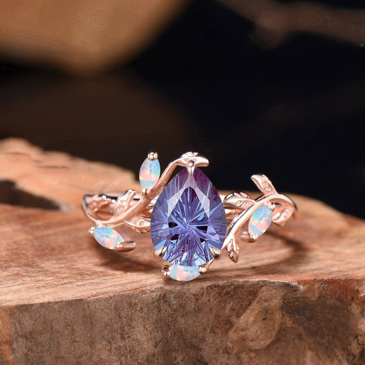 .25CT Pear Shaped Fireworks Cut Alexandrite Engagement Ring , Twig Leaf Ring