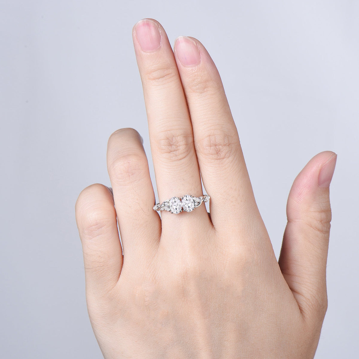 Toi et Moi Oval Moissanite Engagement Ring | Two Stone 14K White Gold Vine Anniversary Ring