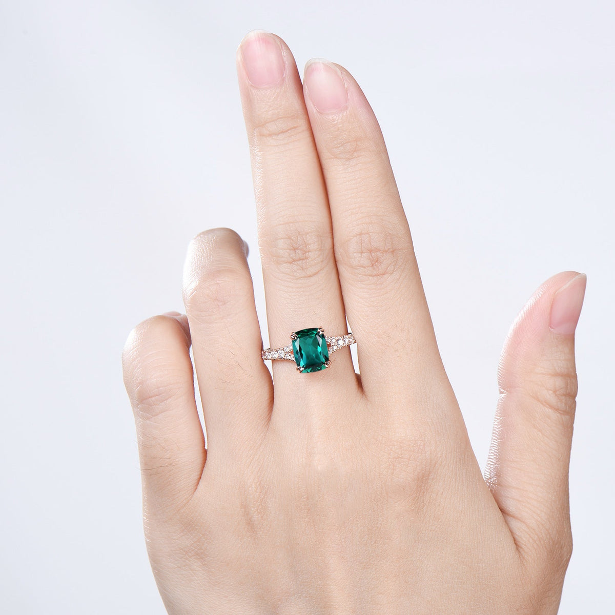 Vintage Cushion Cut Emerald Engagement Ring, Rose Gold Split Shank Pave Diamond Ring