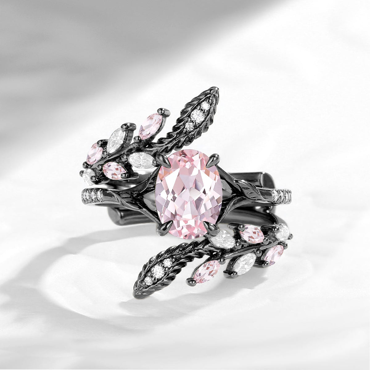 Nature Inspired Oval Lab Pink Sapphire Snake Twist Cage Ring Set 2pcs - Serpent's Embrace