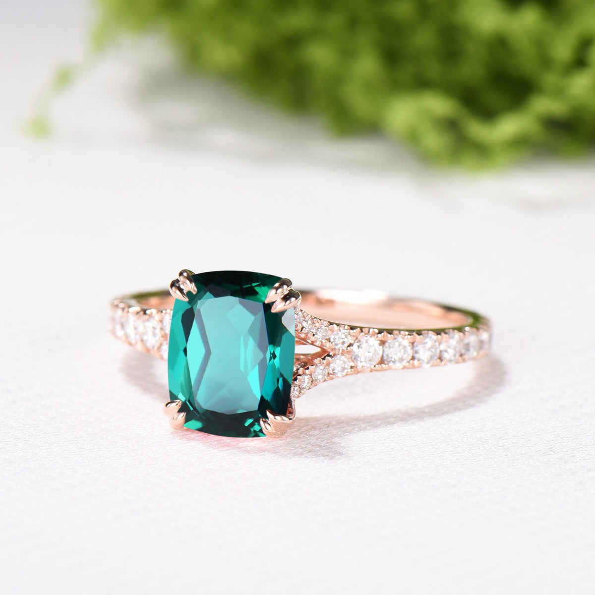 Vintage Cushion Cut Emerald Engagement Ring, Rose Gold Split Shank Pave Diamond Ring