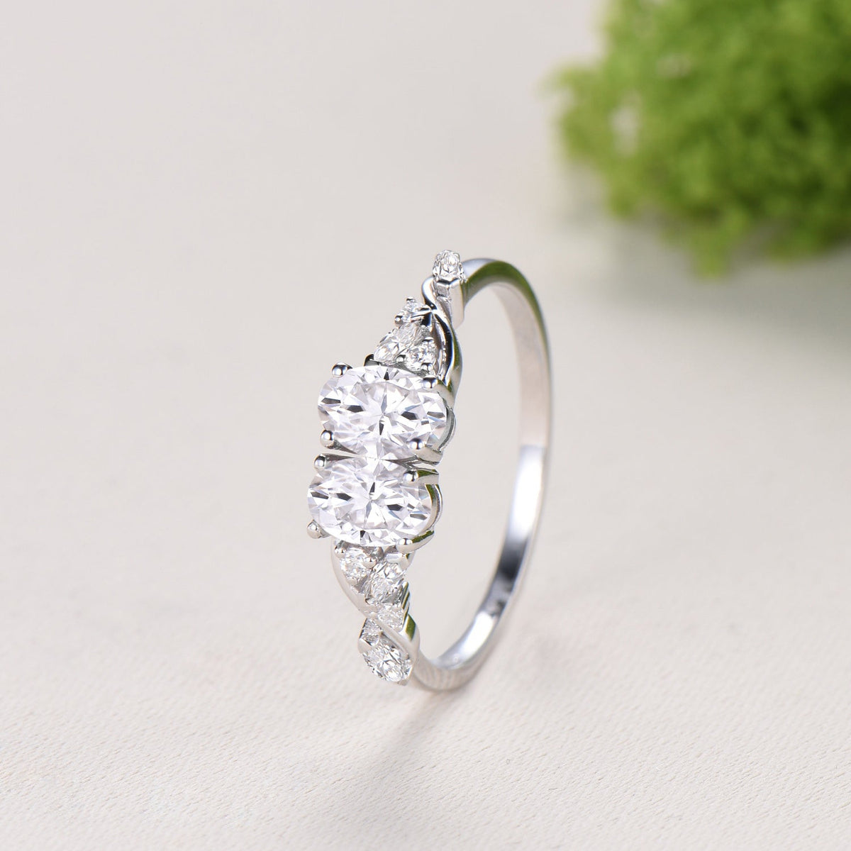 Toi et Moi Oval Moissanite Engagement Ring | Two Stone 14K White Gold Vine Anniversary Ring