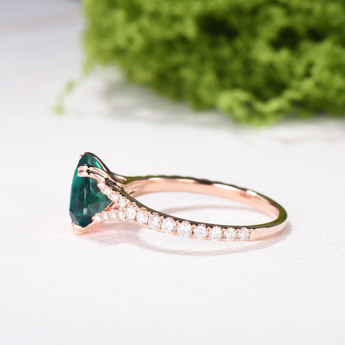 Vintage Cushion Cut Emerald Engagement Ring, Rose Gold Split Shank Pave Diamond Ring