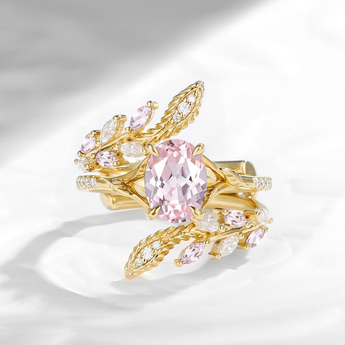 Nature Inspired Oval Lab Pink Sapphire Snake Twist Cage Ring Set 2pcs - Serpent's Embrace
