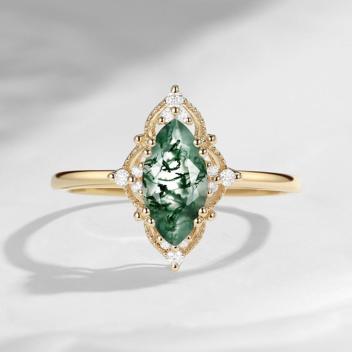 18K Marquise Vintage Inspired Moss Agate Engagement Ring