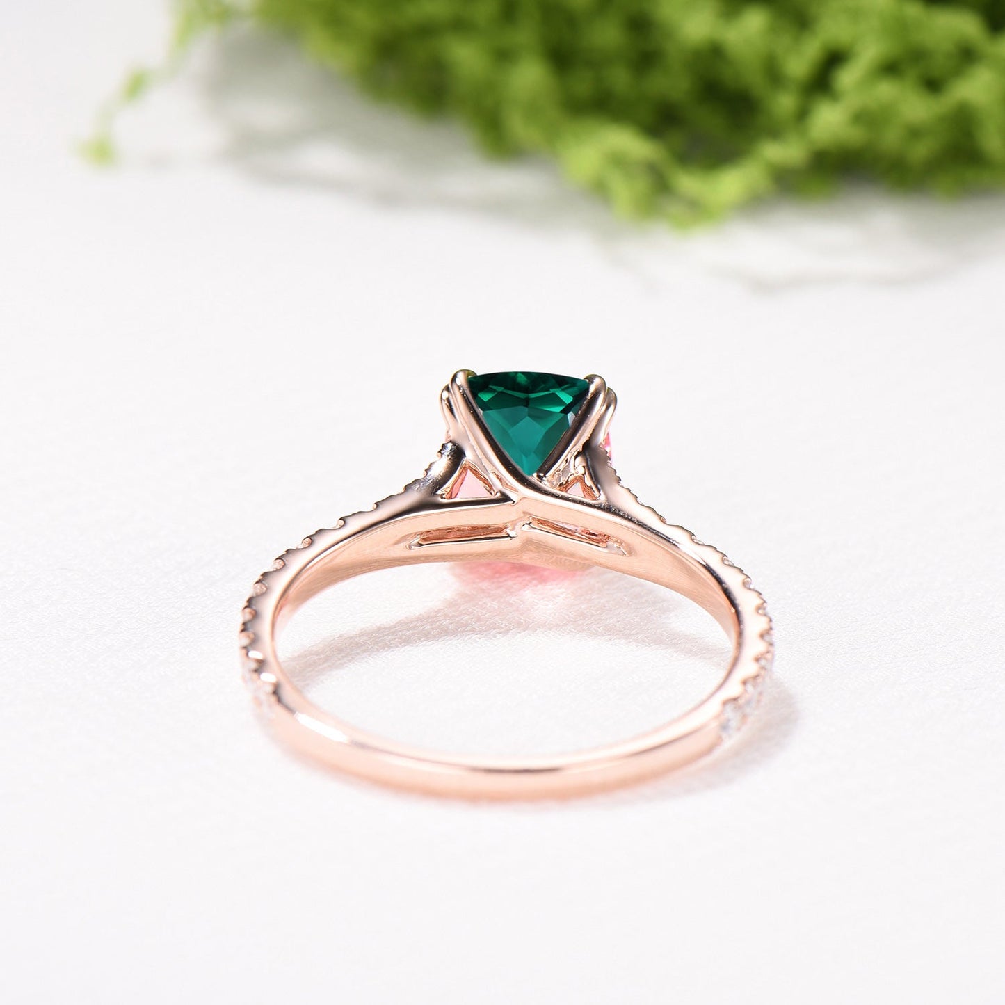 Vintage Cushion Cut Emerald Engagement Ring, Rose Gold Split Shank Pave Diamond Ring