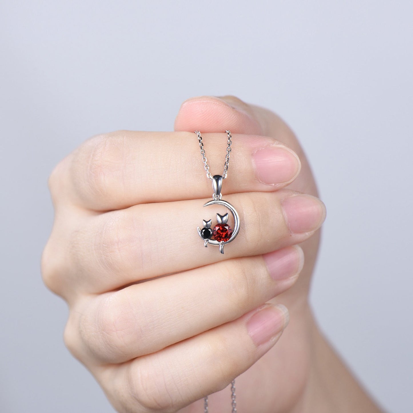 Dainty cat garnet spinel necklace cute silver white gold moon family pendant