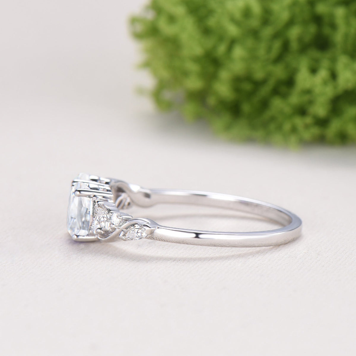 Toi et Moi Oval Moissanite Engagement Ring | Two Stone 14K White Gold Vine Anniversary Ring
