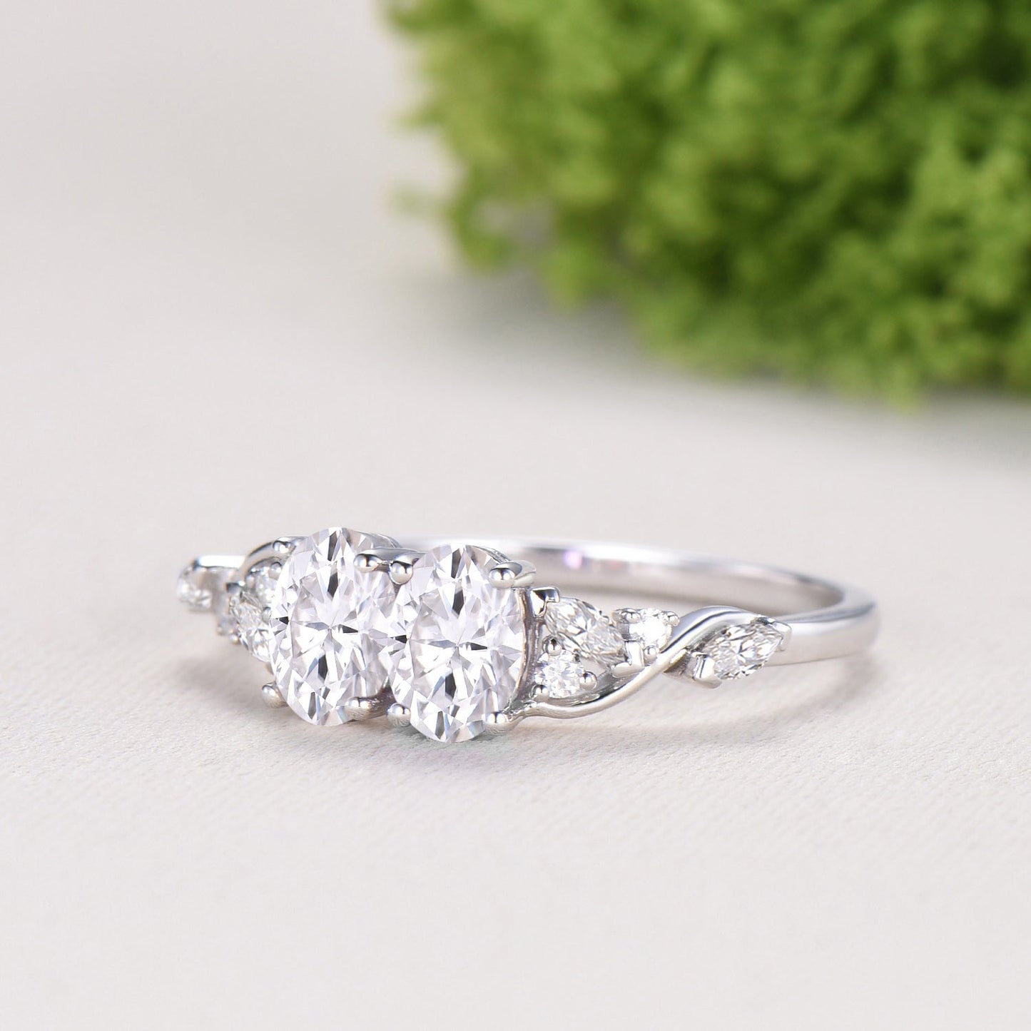 Toi et Moi Oval Moissanite Engagement Ring | Two Stone 14K White Gold Vine Anniversary Ring