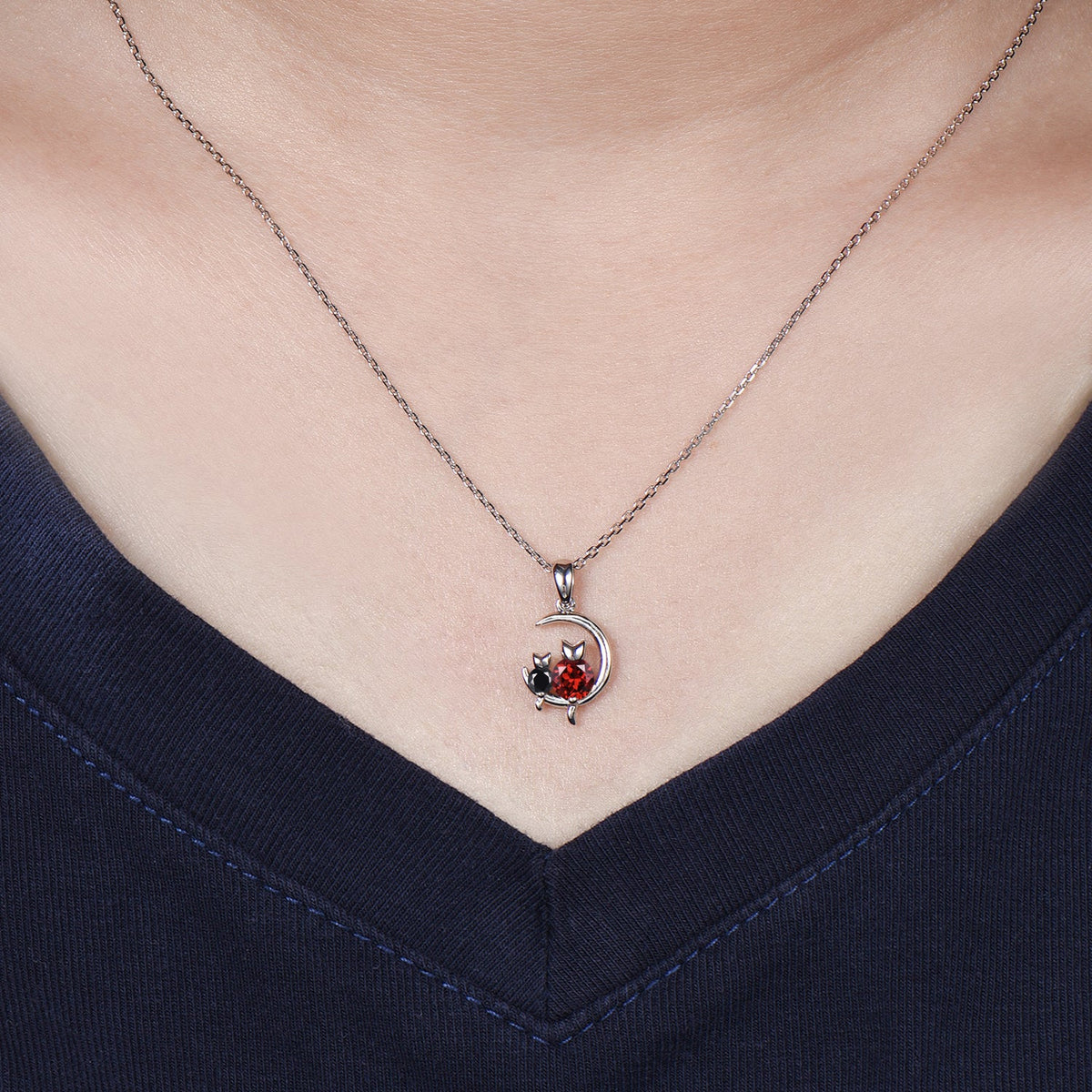 Dainty cat garnet spinel necklace cute silver white gold moon family pendant