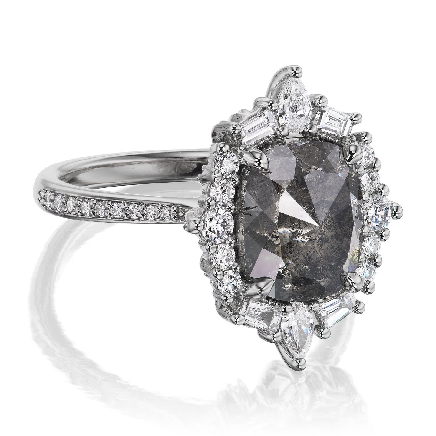 ・OLIVE・Cushion Rose Cut Salt + Pepper Diamond Center, Diamond Halo (3.72ctw+)