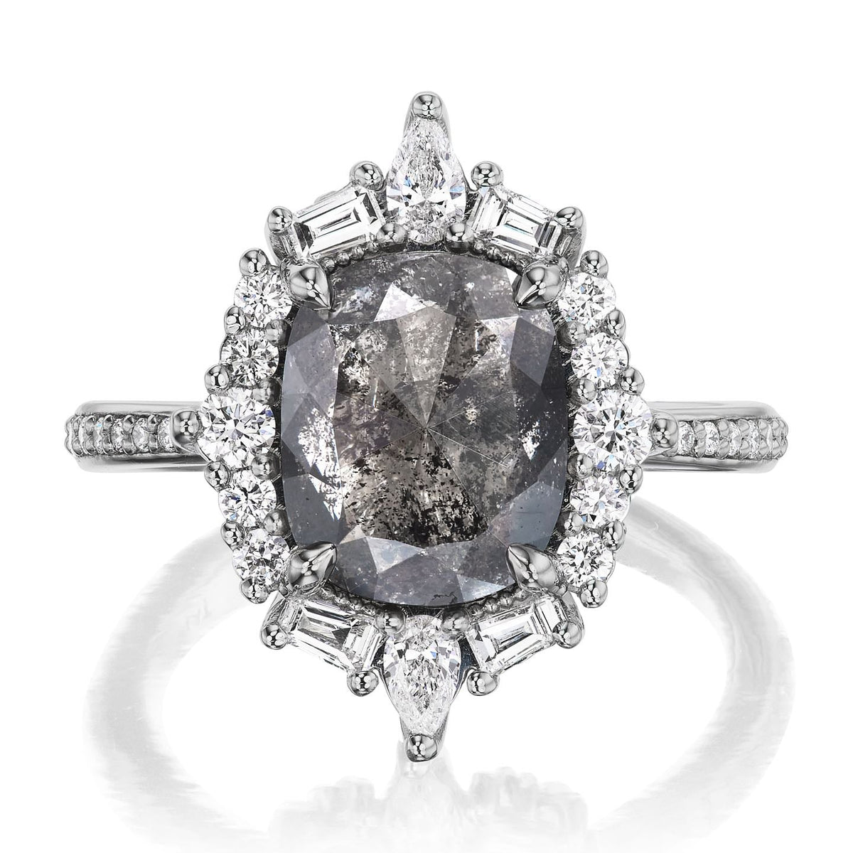 ・OLIVE・Cushion Rose Cut Salt + Pepper Diamond Center, Diamond Halo (3.72ctw+)