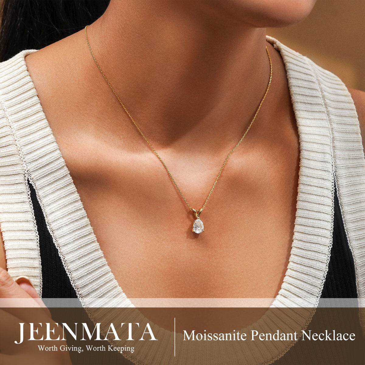 1/2 Carat Oval/Pear Shape Moissanite - Classic Pendant Necklace - 18K Gold Plating for Women