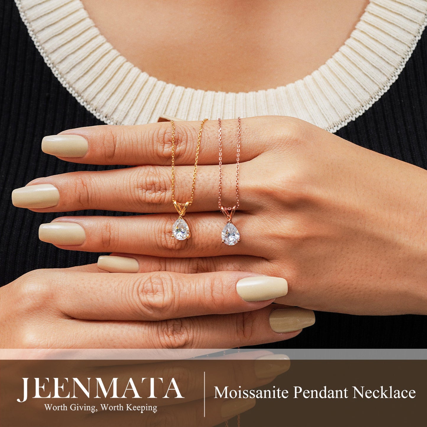 1/2 Carat Oval/Pear Shape Moissanite - Classic Pendant Necklace - 18K Gold Plating for Women