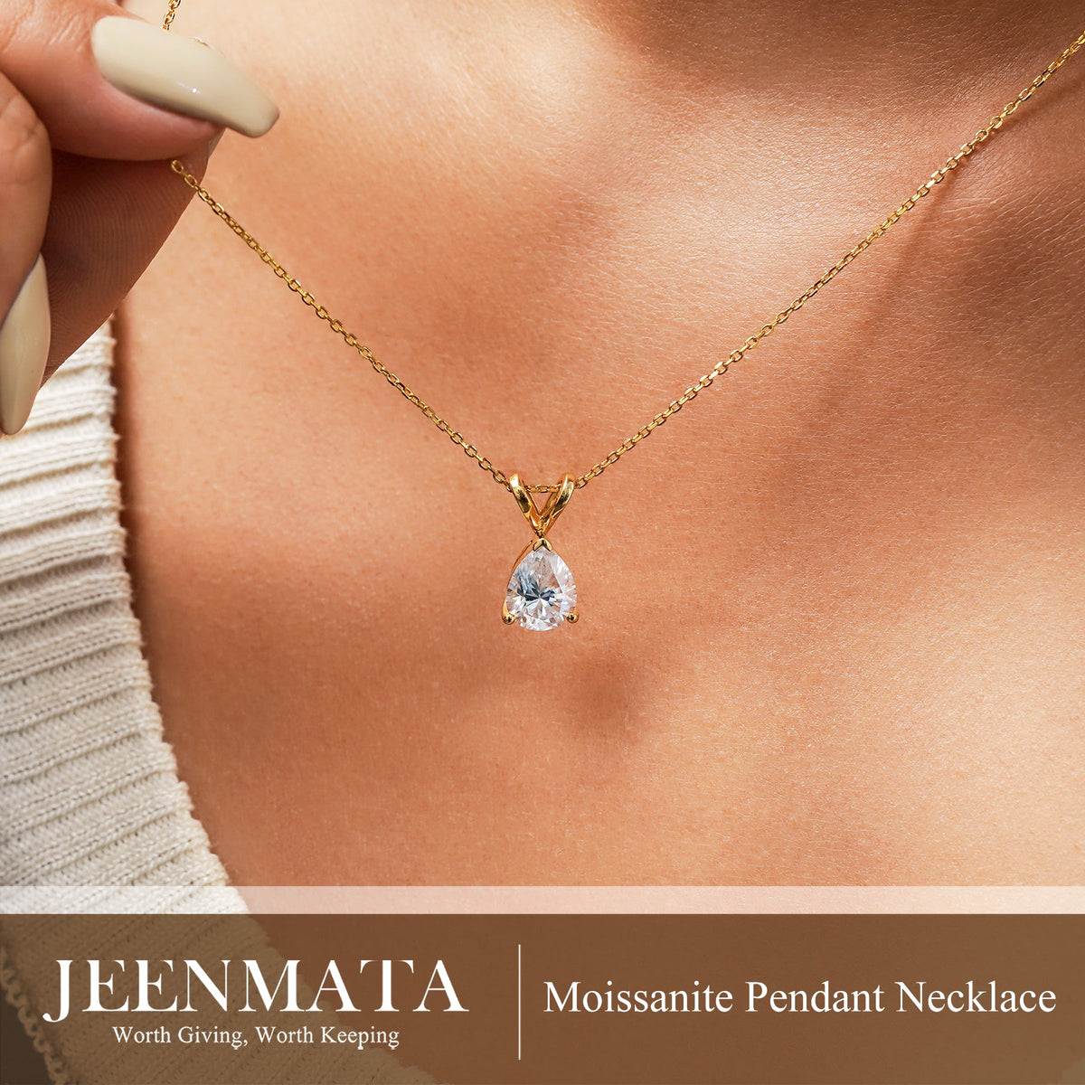 1/2 Carat Oval/Pear Shape Moissanite - Classic Pendant Necklace - 18K Gold Plating for Women