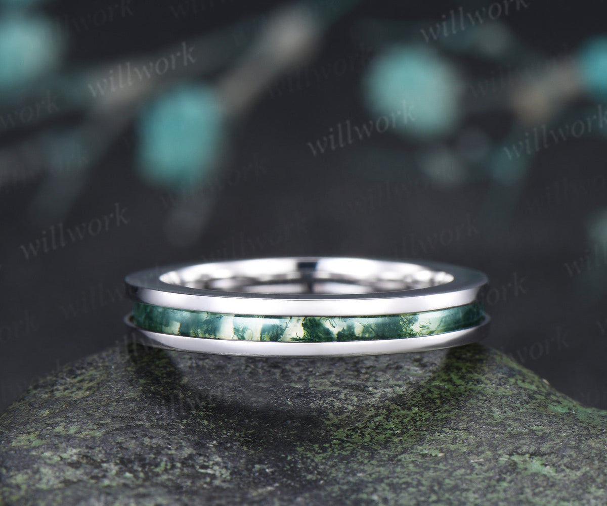 Unique Moss Agate Wedding Band for Men Natural Moss Agate Half Eternity Inlay Ring Modern Men Ring