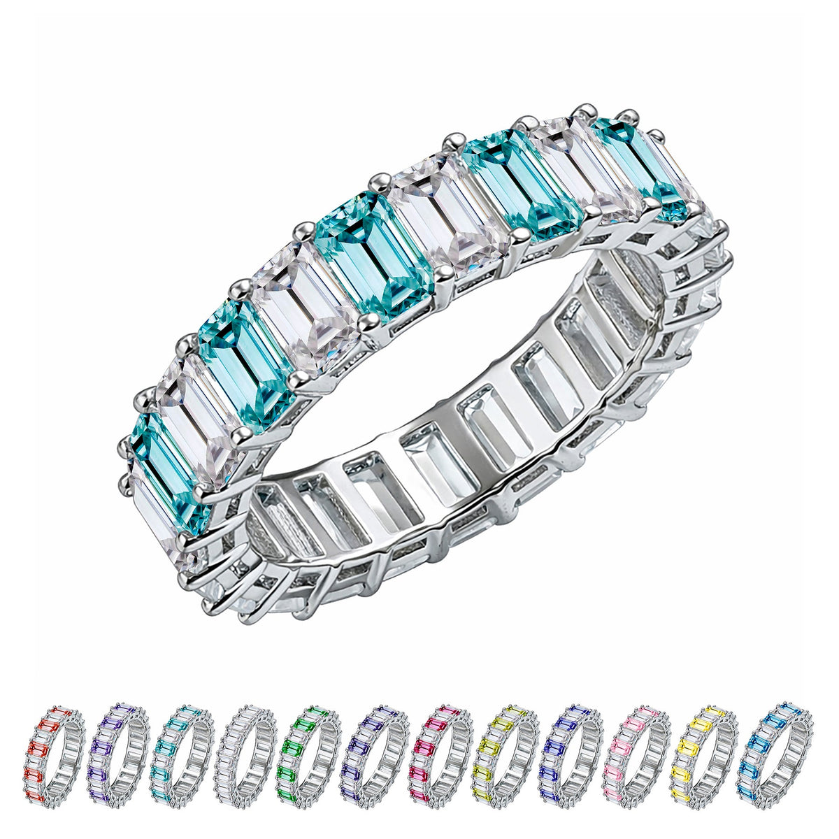 10 Carat Emerald Cut Birthstone - Multicolor Eternity Wedding Band