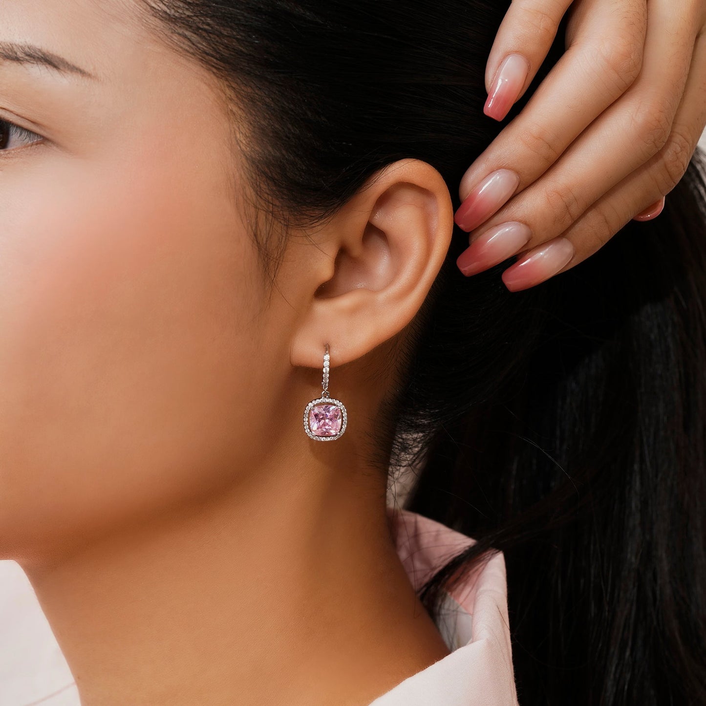 Romantic Pink Cushion Drop Hoop Earrings – Elegant Dangle Jewelry