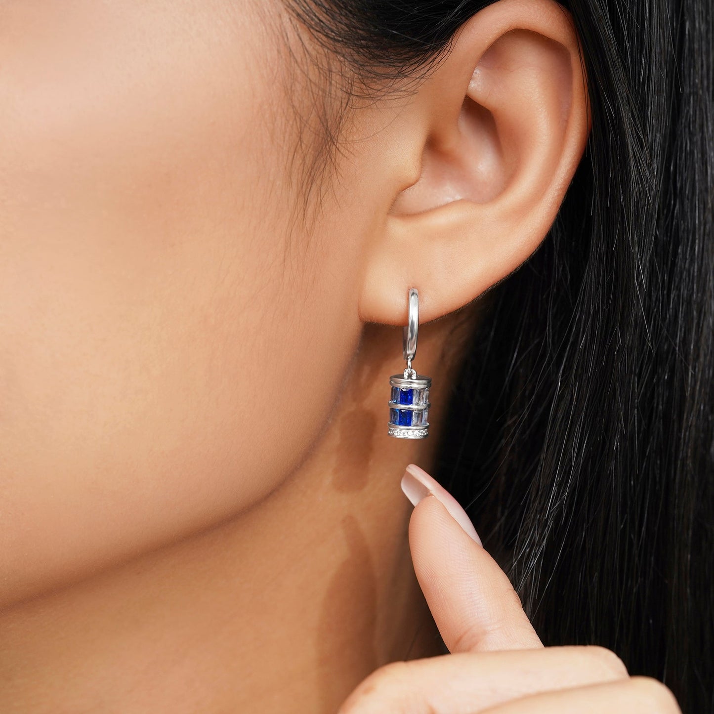 Elegant Blue Cylinder Drop Hoop Earrings – Modern Minimalist Dangle Jewelry