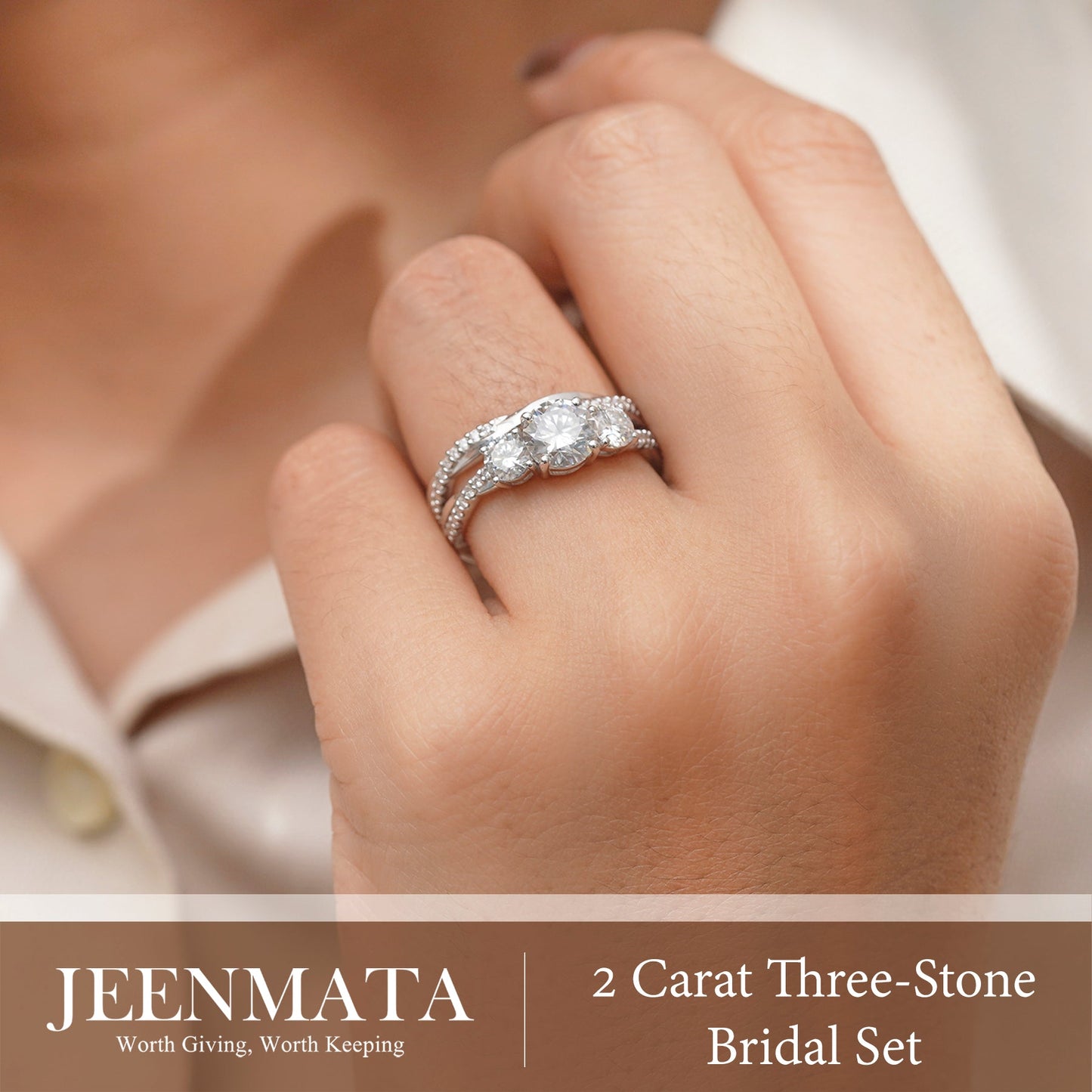 2 Carat Lab Grown Diamond Bridal Ring Set for Women, Round Cut 3 Stone Engagement Ring with Matching Wedding Band, 18K White Gold Plated Silver