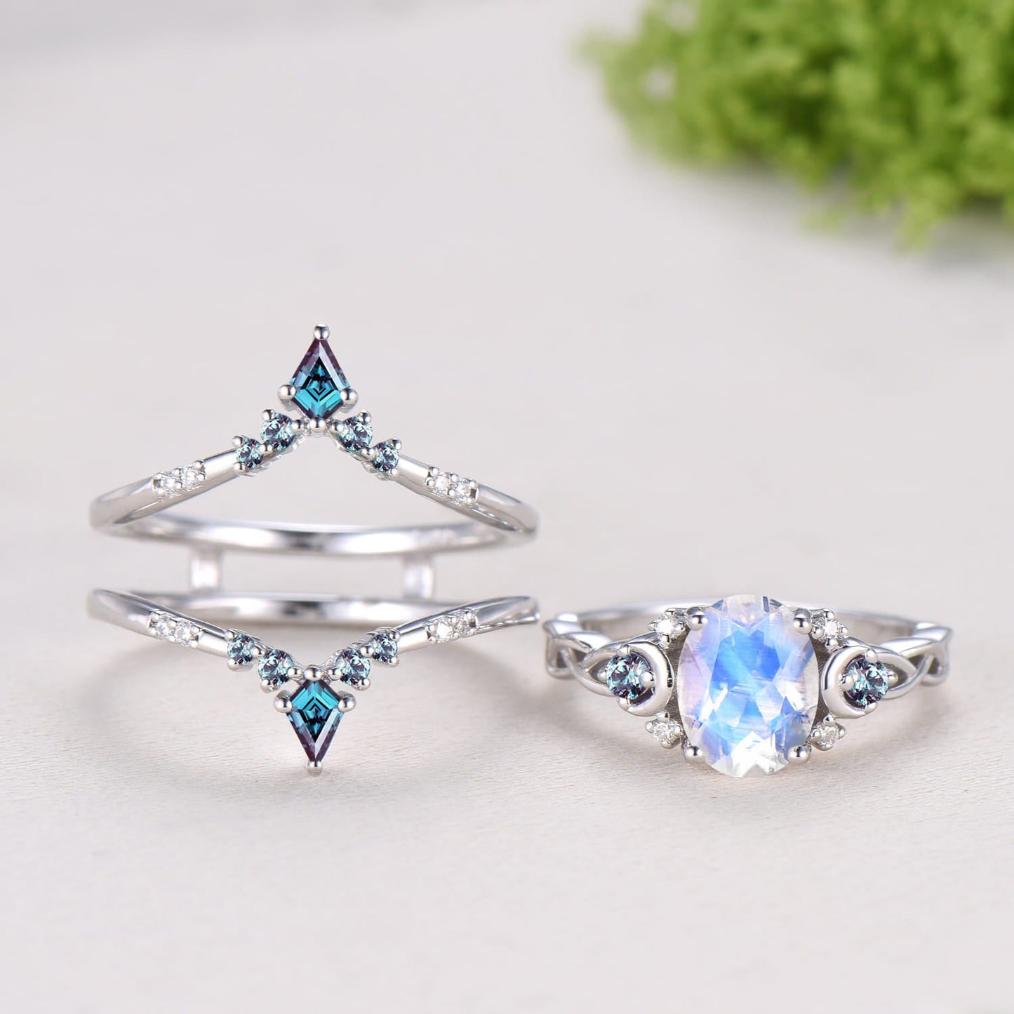 1.5CT Natural Oval Moonstone Engagement Ring Set Celtic Love Alexandrite Wedding Ring Set Unique Enhancer Band Anniversary Gift for Women