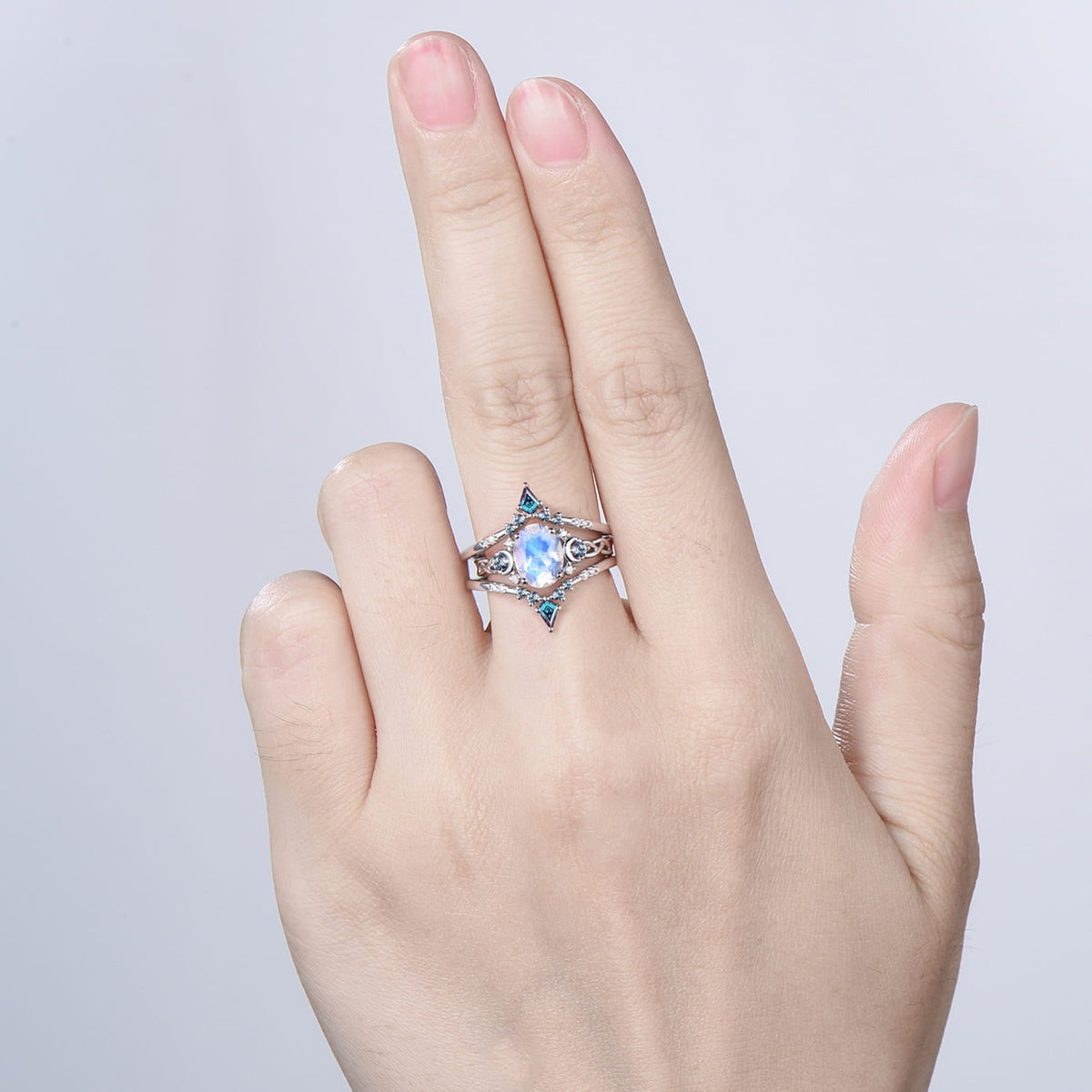 1.5CT Natural Oval Moonstone Engagement Ring Set Celtic Love Alexandrite Wedding Ring Set Unique Enhancer Band Anniversary Gift for Women