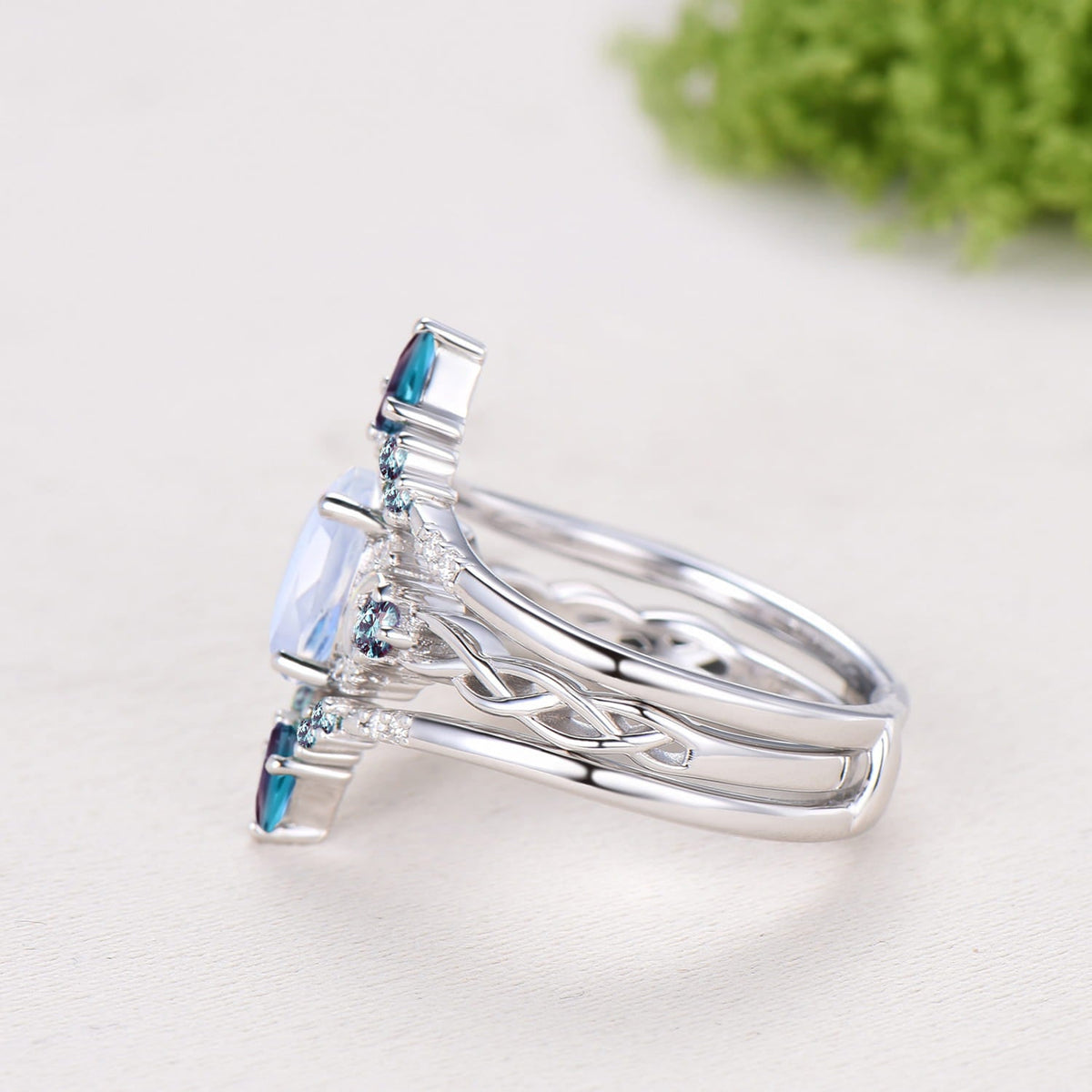 1.5CT Natural Oval Moonstone Engagement Ring Set Celtic Love Alexandrite Wedding Ring Set Unique Enhancer Band Anniversary Gift for Women