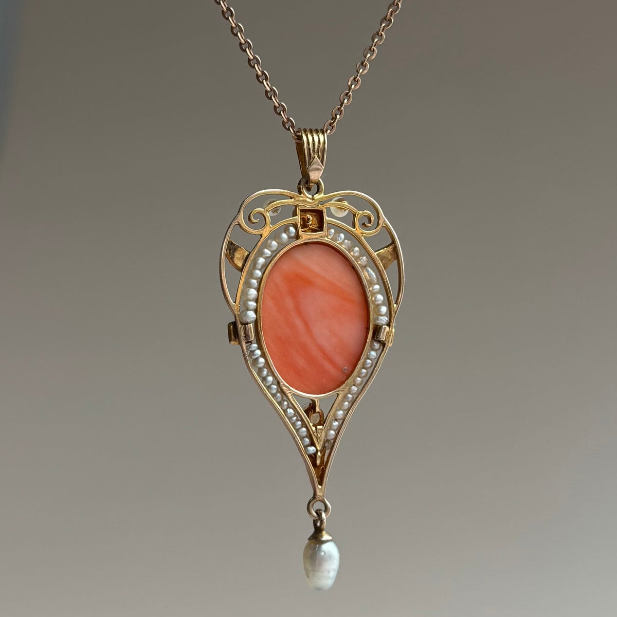 Coral Cameo & Seed Pearl Lavalier Necklace | 10k Yellow Gold | Vintage