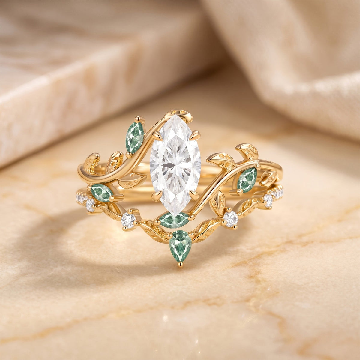 Luminous Reverie - Marquise Green Moissanite Leaf Dainty Engagement Ring Sets 2pcs - Myrtle