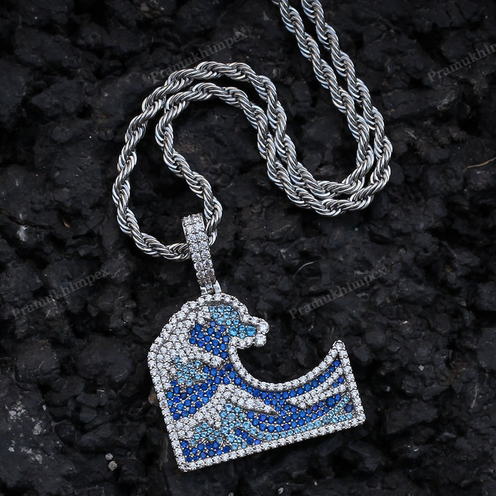 Iced Out Moissanite Sterling Silver Water Wave Pendant