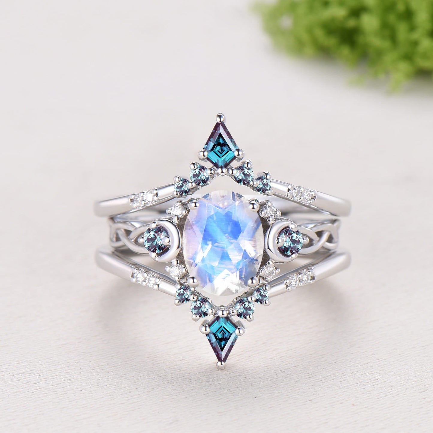 1.5CT Natural Oval Moonstone Engagement Ring Set Celtic Love Alexandrite Wedding Ring Set Unique Enhancer Band Anniversary Gift for Women