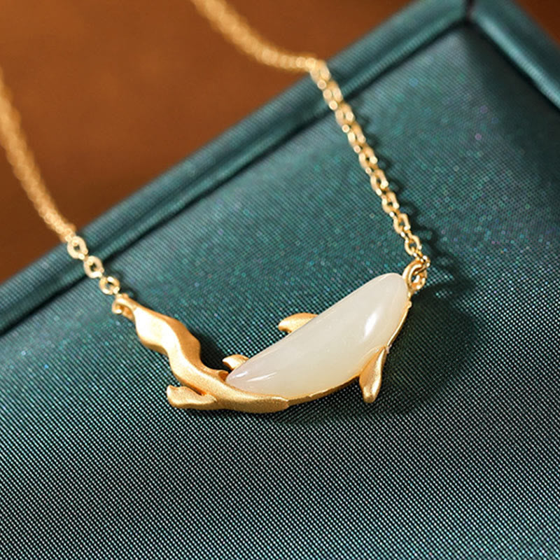 Fortune Jewel 925 Sterling Silver White Jade Dolphin Luck Necklace Pendant