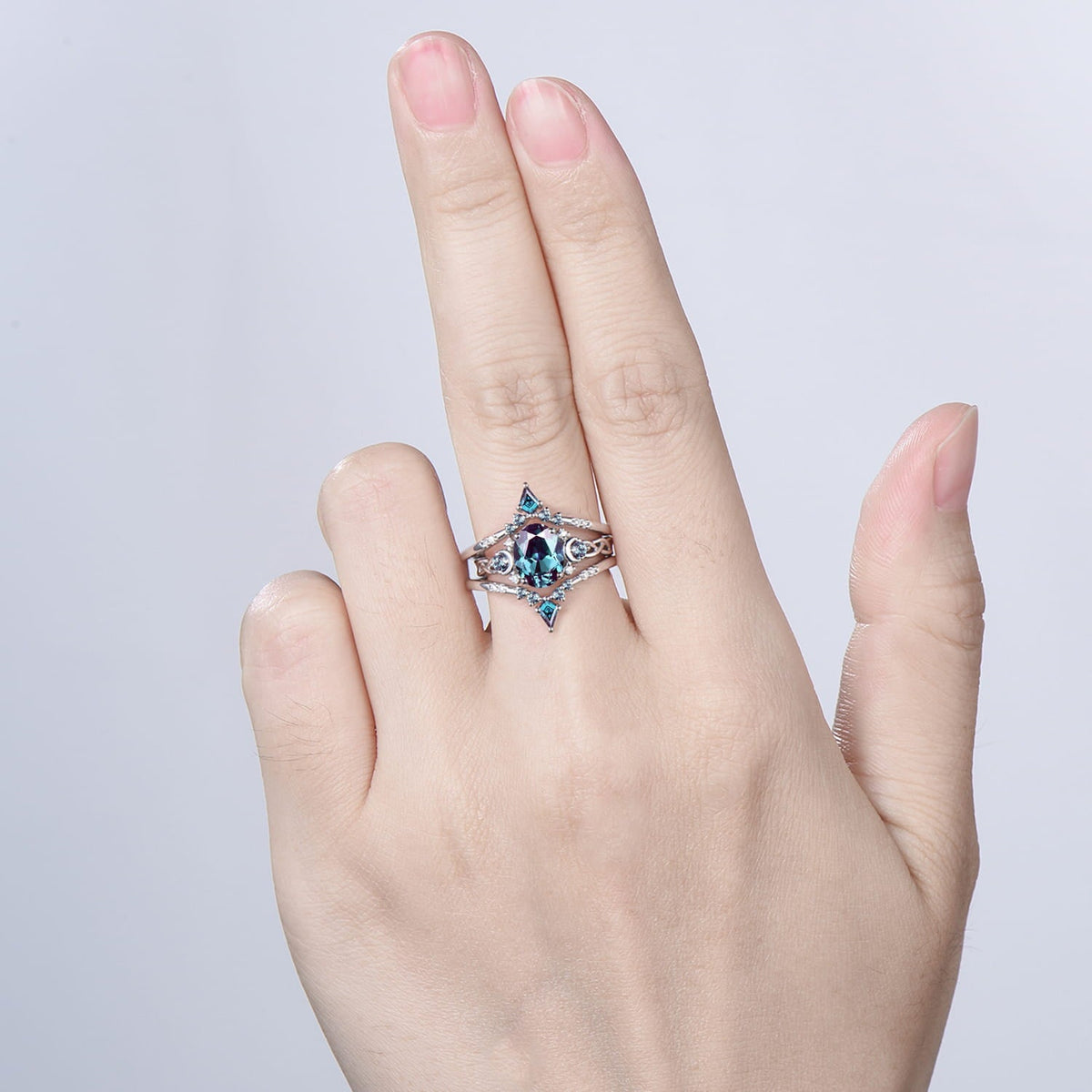1.5CT Oval Alexandrite Engagement Ring Set Celtic Love Enhancer Band