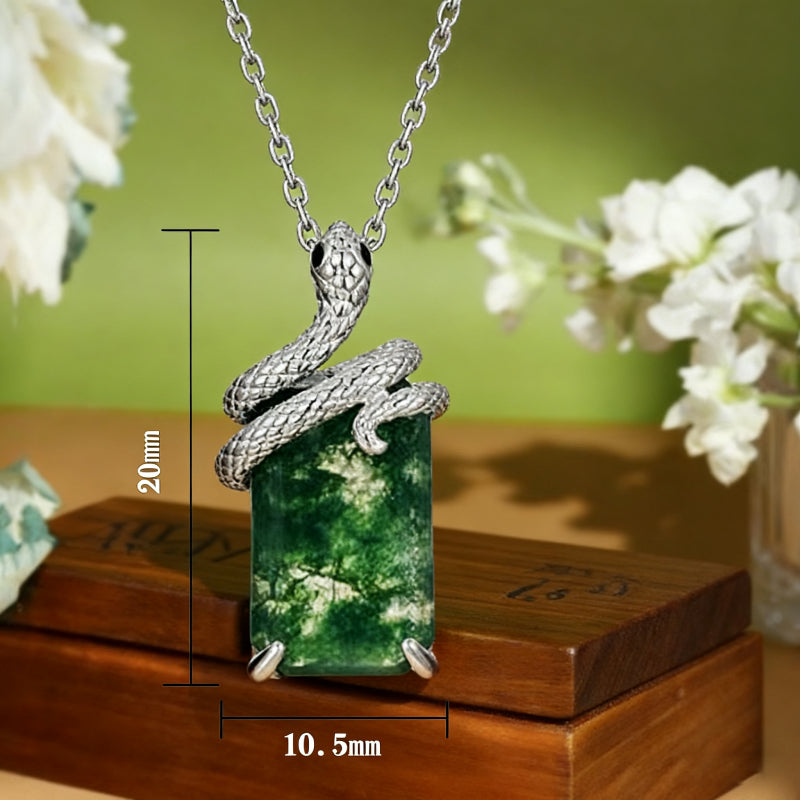Emerald Cut Moss Agate Mystical Serpent Carved Nature Pendant Necklace - "Cloak"