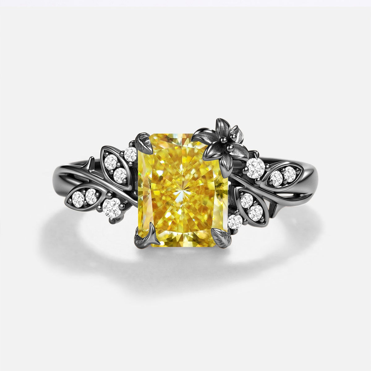 Luminous Reverie - Radiant Cut Yellow Moissanite Floral Unique Engagement Ring - Azura