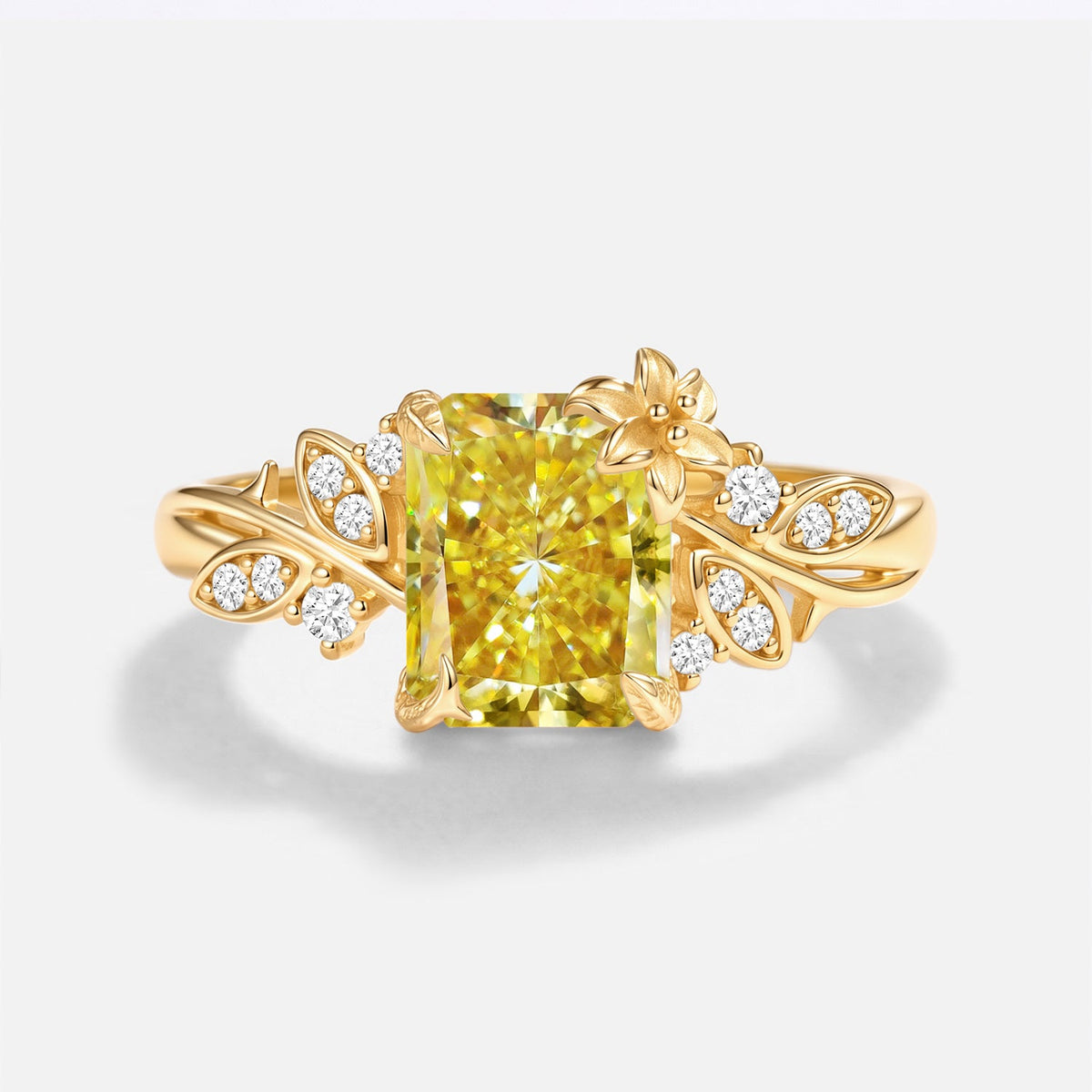 Luminous Reverie - Radiant Cut Yellow Moissanite Floral Unique Engagement Ring - Azura