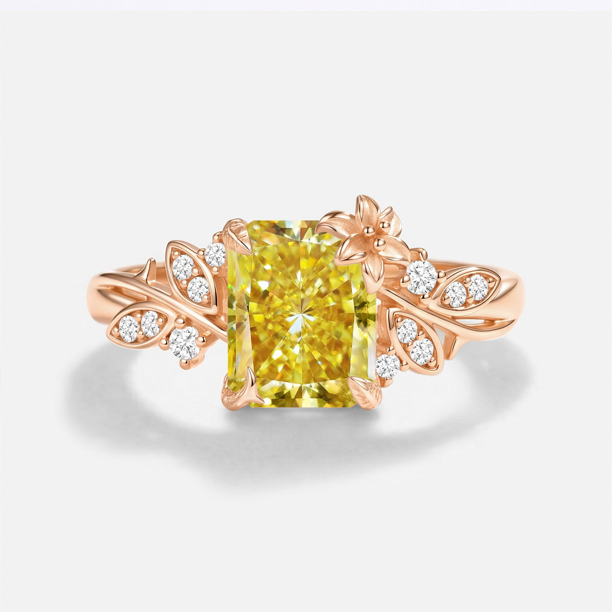 Luminous Reverie - Radiant Cut Yellow Moissanite Floral Unique Engagement Ring - Azura
