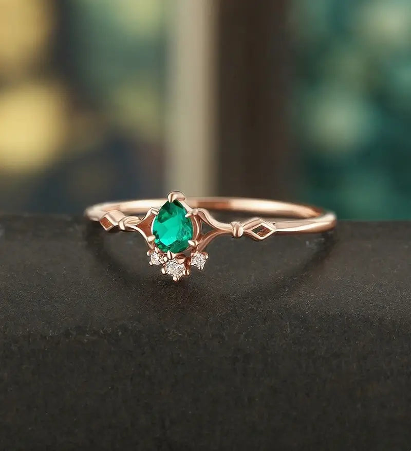 Lab Emerald Engagement Ring Vintage Solid Gild Ring Anniversary Ring Vintage Wedding Ring Bridal Promise Women Ring