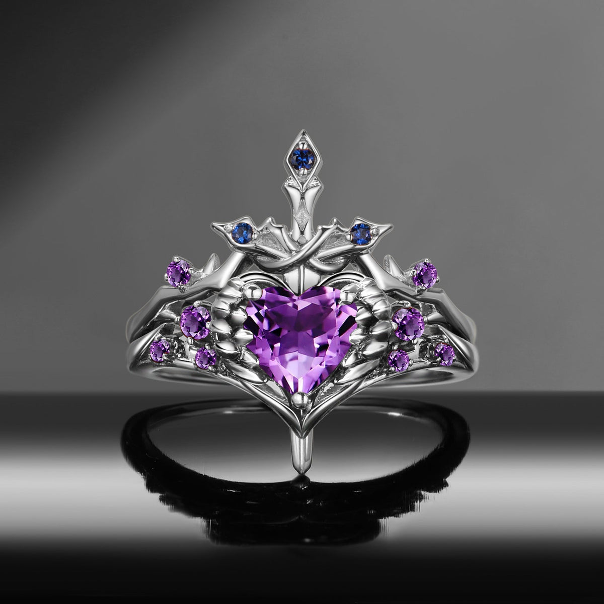 'Pierced Heart' - Gothic Inspired Natural Amethyst Heart Sword Ring Two-Tone Bridal Set