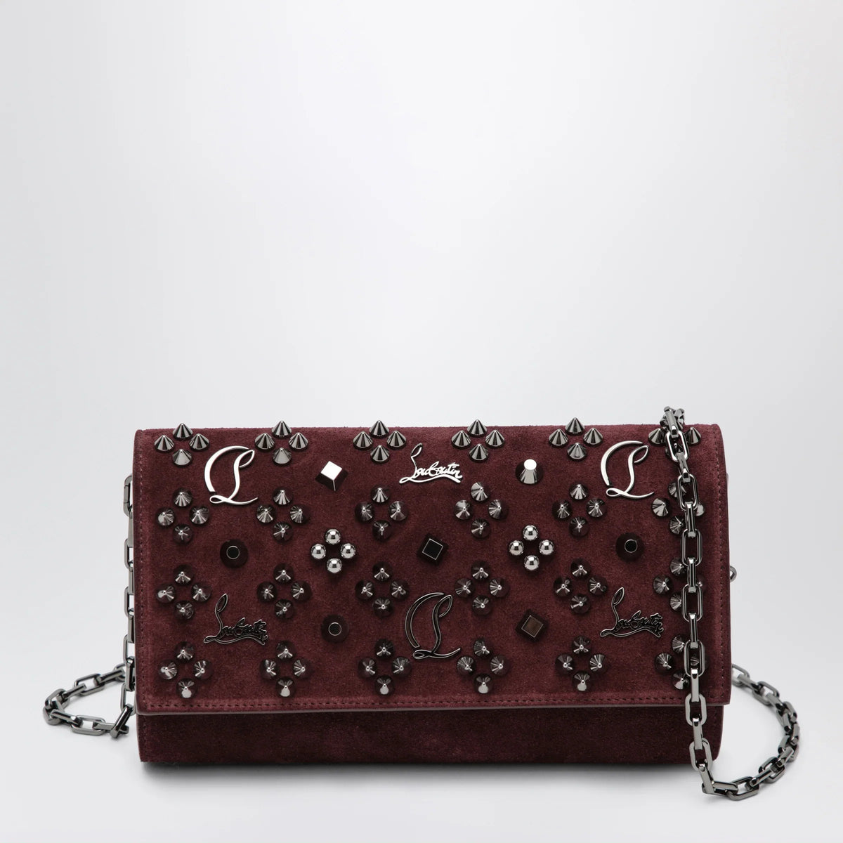Christian Louboutin - Paloma studded suede wallet on chain Burgundy