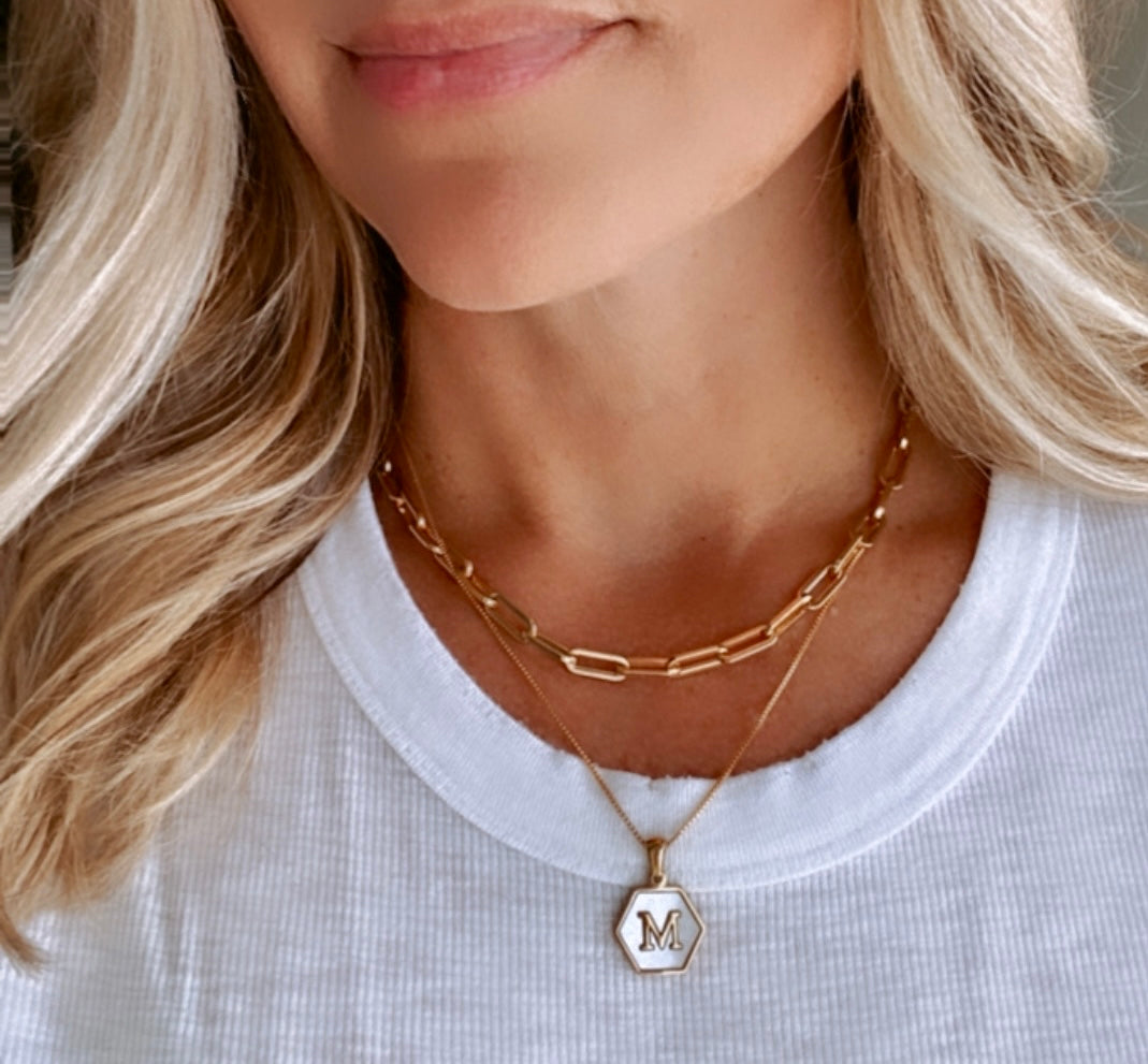 Gold Hexagon Mother of Pearl Letter Pendant Necklace - Gold Filled Chain