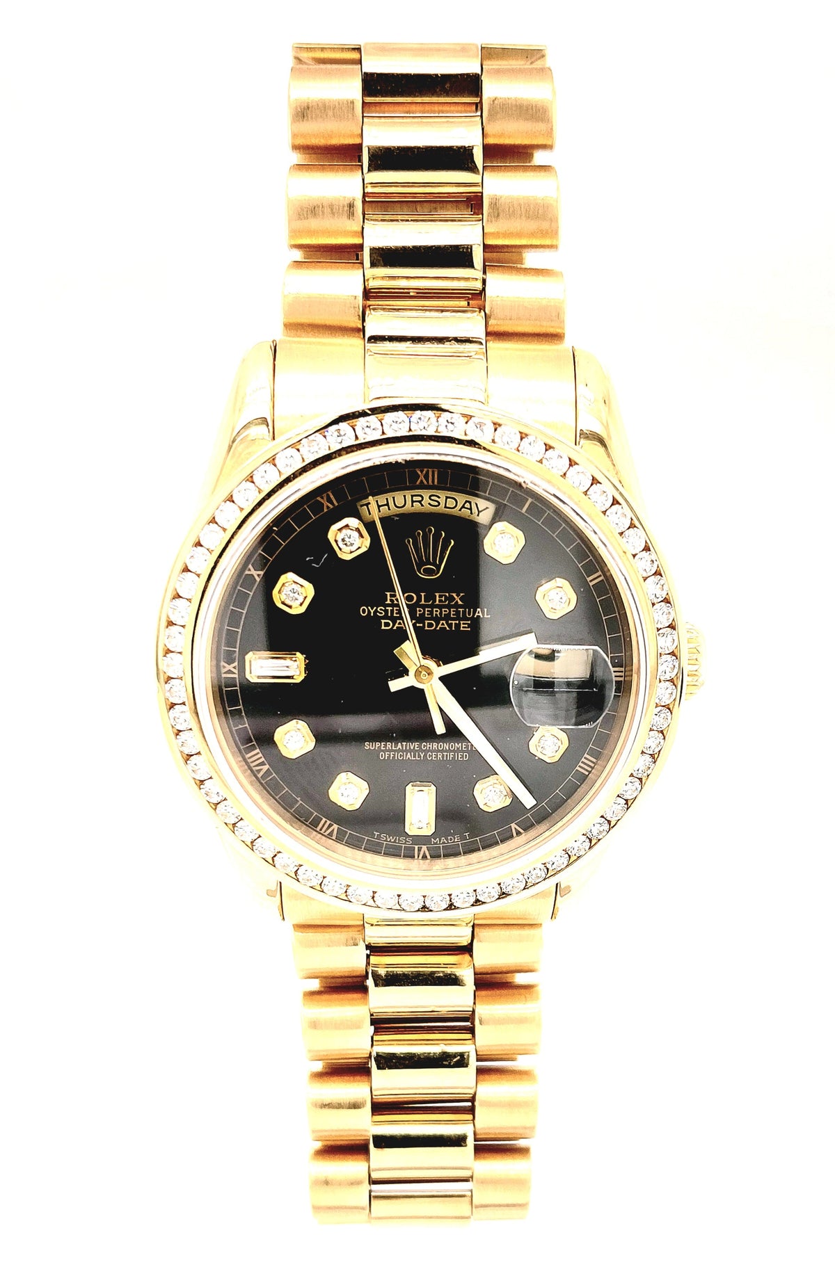 Gent's 18KY Pre-owned Rolex President w/Custom Black 8/2 Diamond Dial and Diamond Bezel Dial Circa:2000
